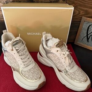 Michael Kors Katrina Wedge Trainers Cream and Metallic Gold